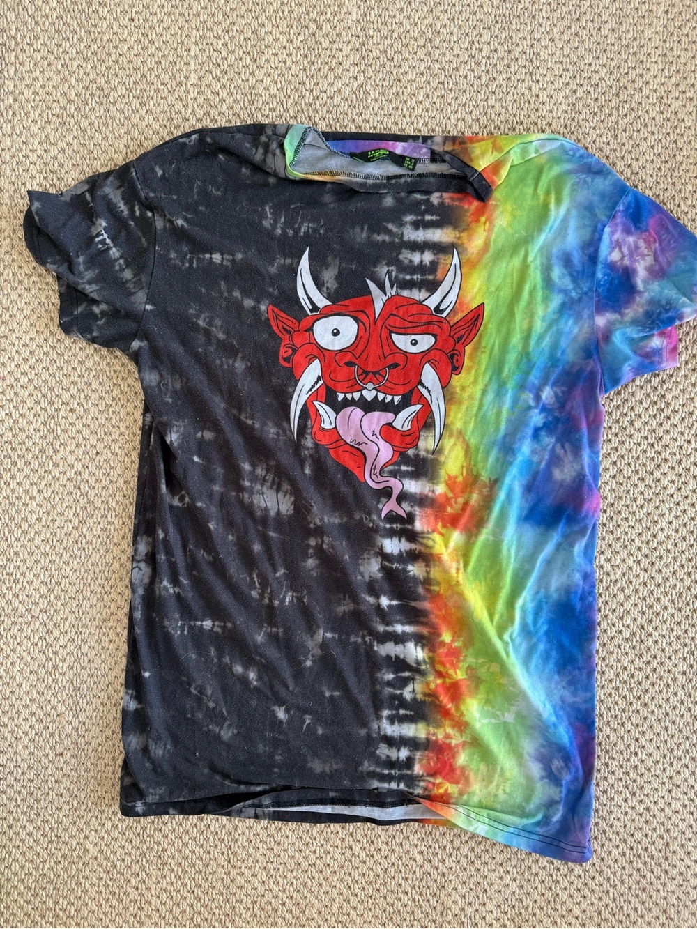 Jaded London Black & Rainbow Tie-Dye Tee with Red Demon Graphic
